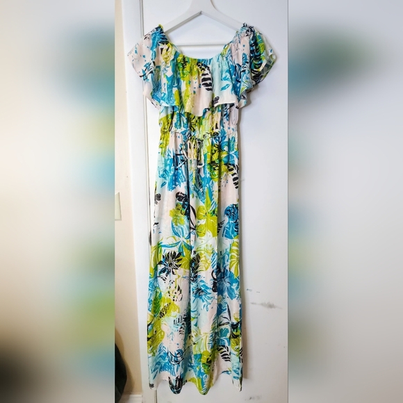 ATMOSPHERE Tropical Floral Off shoulder Cinched Tie Waist Maxi Dress Size 6 - Picture 4 of 16